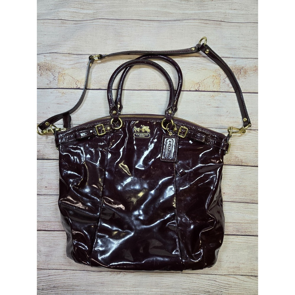Coach Madison Lindsay Patent Satchel Tote Burgundy Double Handles Long Strap COA